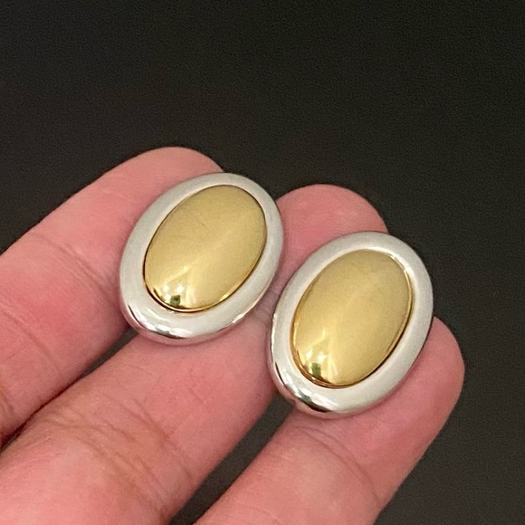 Vintage NAPIER 2-tone High Polished Metal Oval Cabochon Modernist Earrings 12g. - Picture 6 of 14